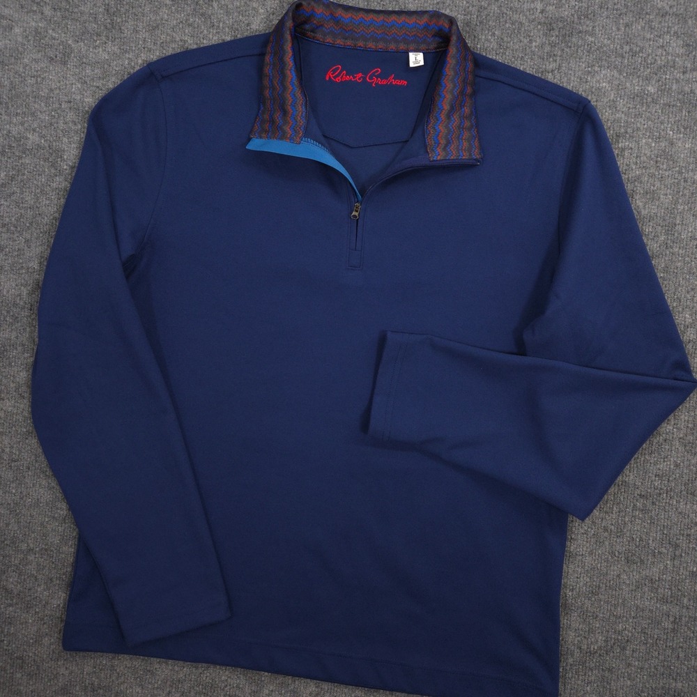 Robert Graham 1/4 Zip Mens L Blue Geometric Collar Classic Fit Pullover Preppy